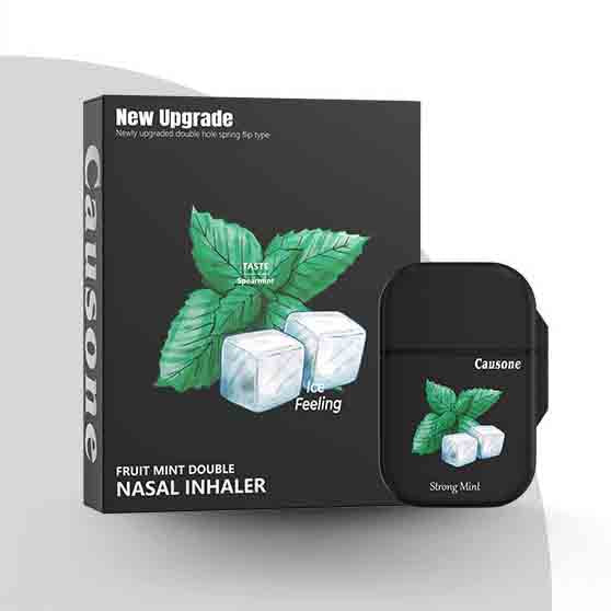 Mint flavored dual nozzle nasal inhaler and matching outer packaging box