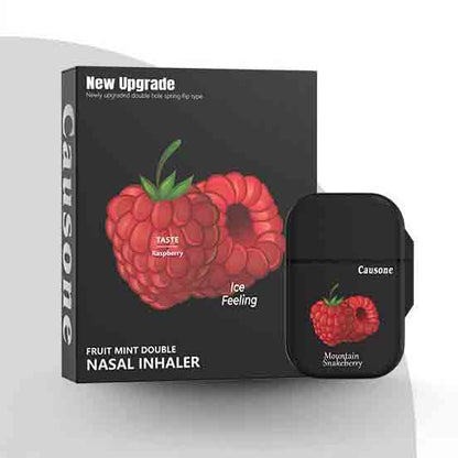 Raspberry scented dual hole inhaler paired with branded outer box