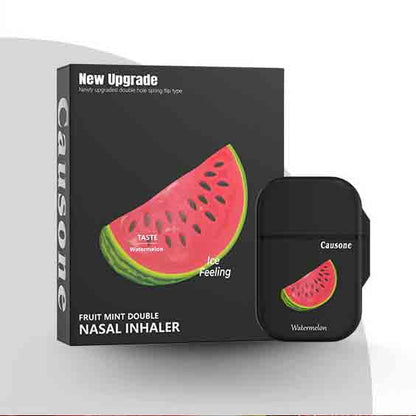 Watermelon scented dual port nasal inhaler together with original product carton
