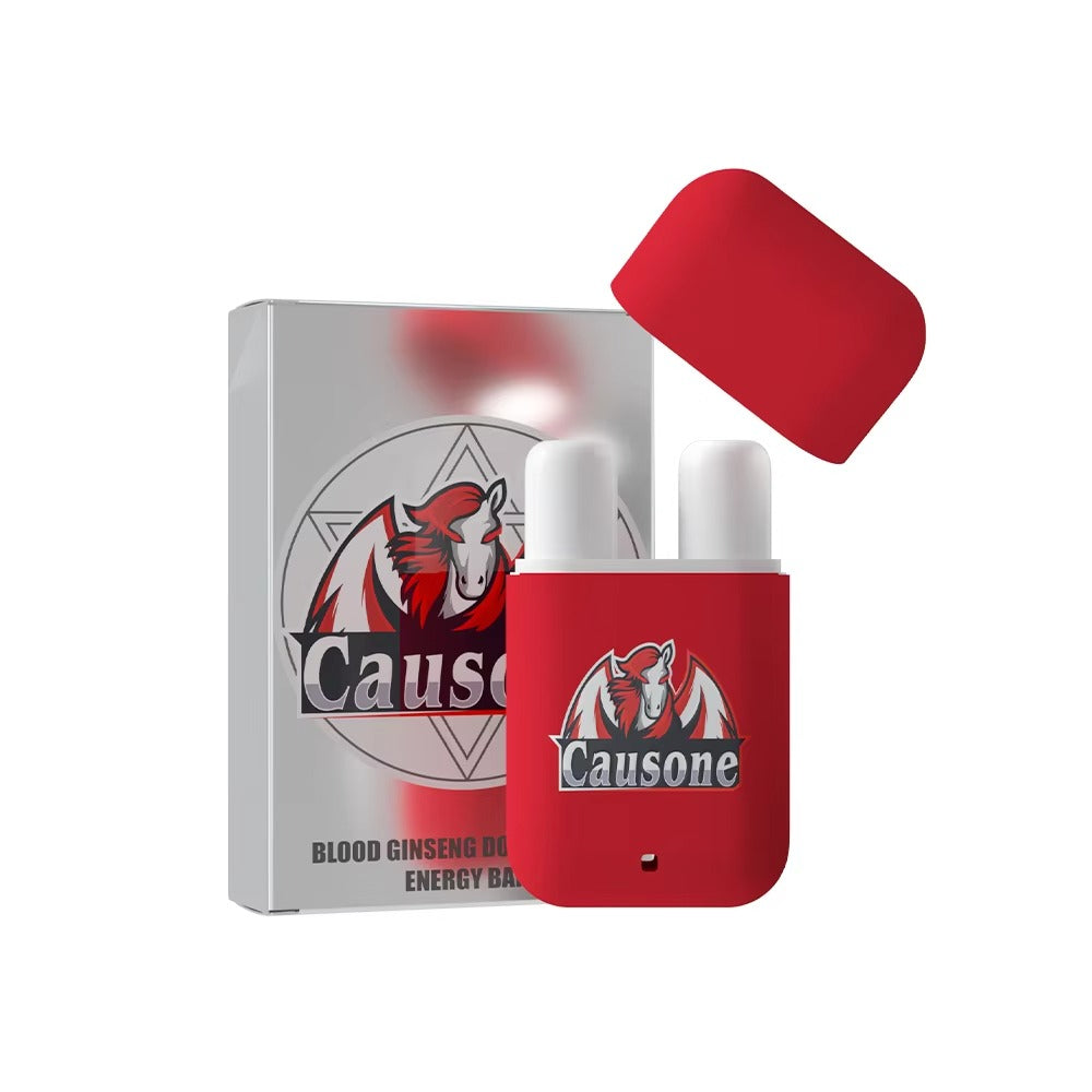 Red dual nozzle nasal inhaler displayed next to silver outer product box on plain background