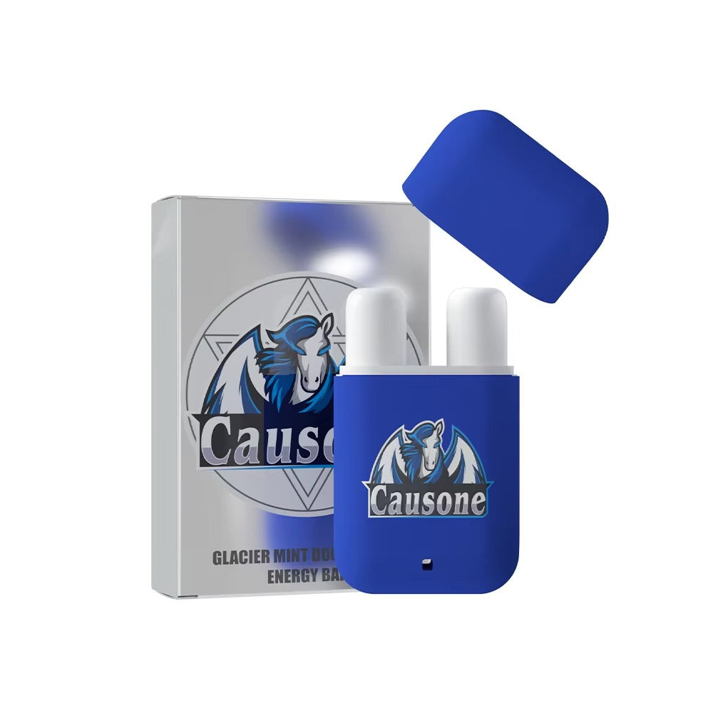 Blue dual nozzle aromatherapy inhaler matched with silver outer packaging box isolated on white background