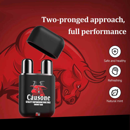 Dual nozzle portable nasal inhaler showing safe healthy refreshing and natural mint product advantages