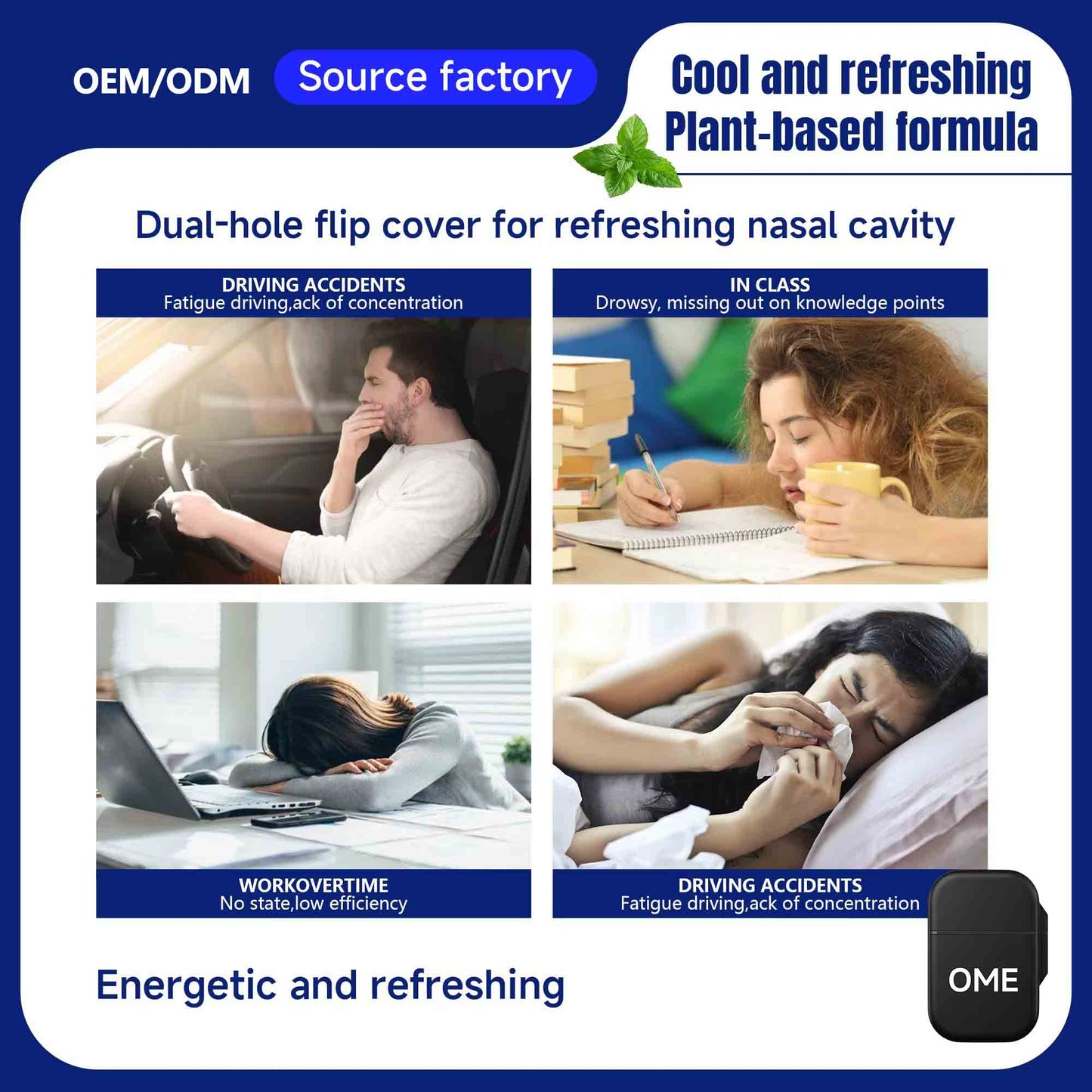 Four tired daily scenarios driving studying overtime work relieved by plant formula refreshing nasal inhaler