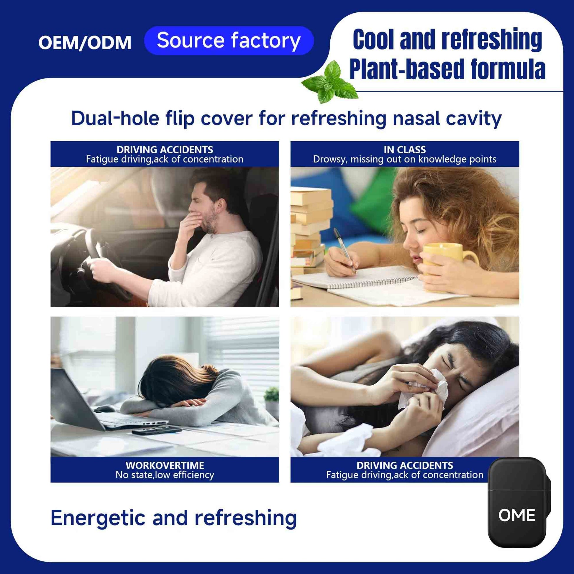 Four tired daily scenarios driving studying overtime work relieved by plant formula refreshing nasal inhaler