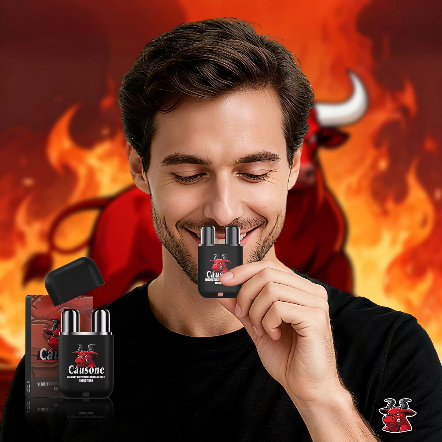 Man holding dual nozzle nasal inhaler close to nose for refreshing and anti drowsiness use