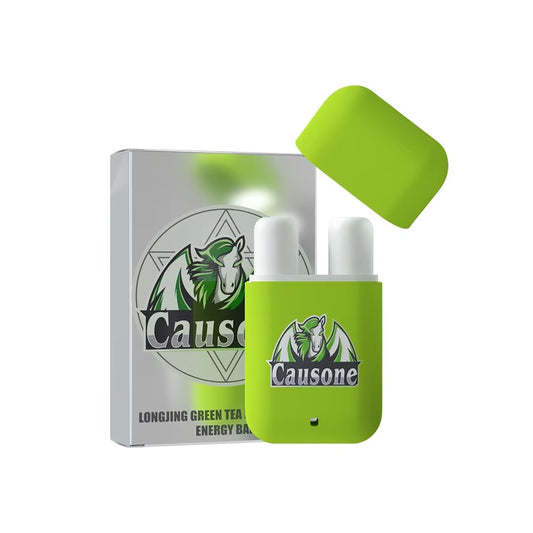Green dual nozzle aromatherapy inhaler placed next to matching outer product box on white background