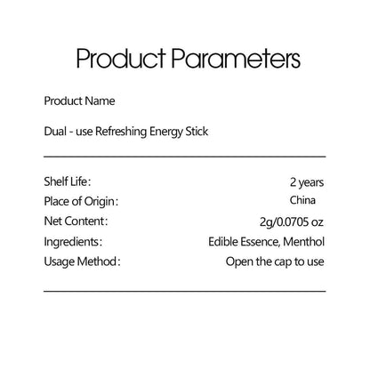 Complete product specifications including shelf life net weight ingredients and operation method