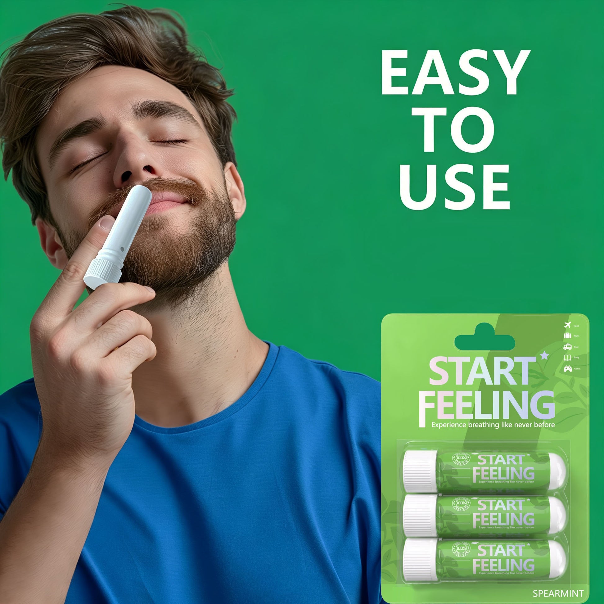 User inhales from single spearmint nasal stick next to three pack retail package