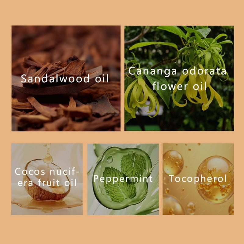 Five natural raw materials of the sandalwood ylang ylang roll-on oil listed