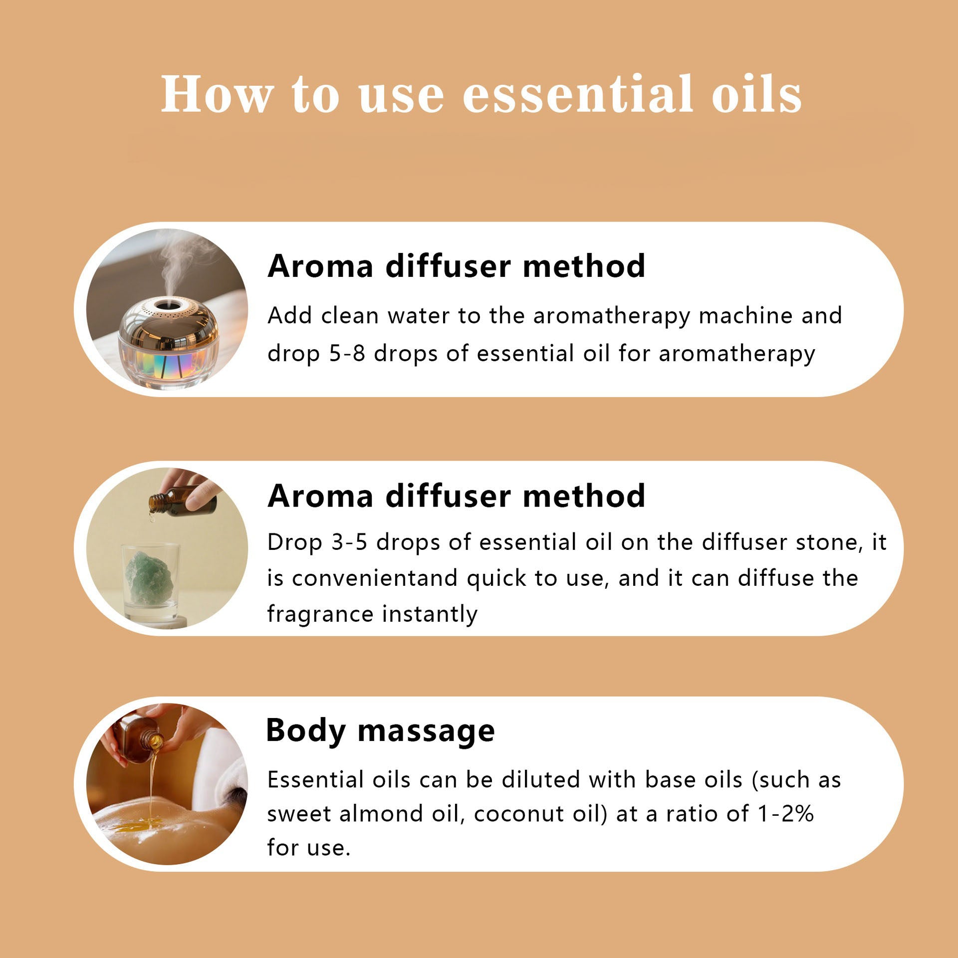 Three application ways including diffuser stone and body massage introduced