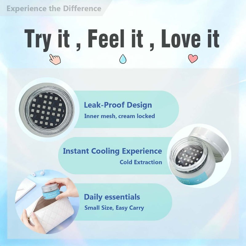 Leakproof mesh inner structure instant cooling effect and pocket friendly small size features listed clearly