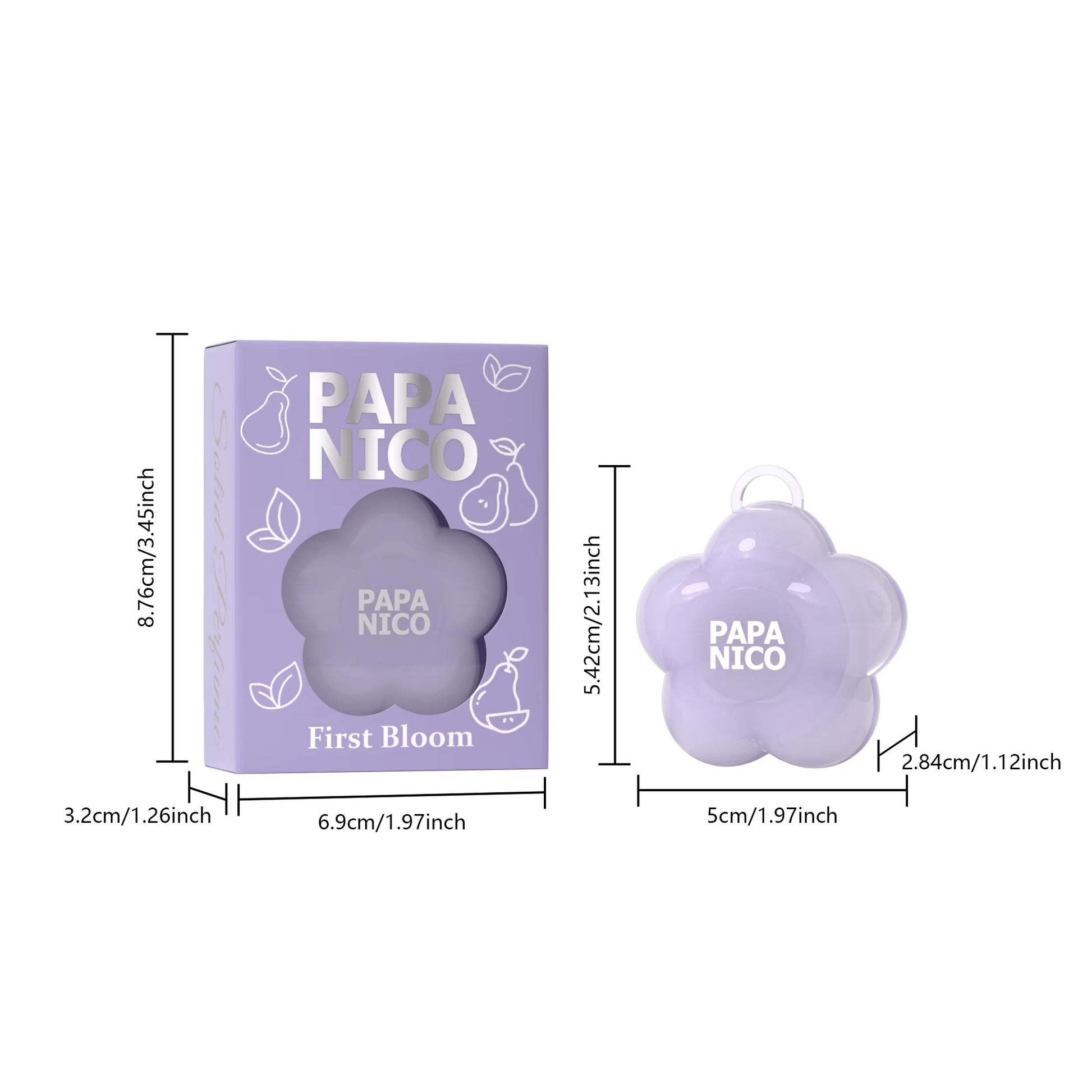 Flower solid balm and packaging box size chart on white background