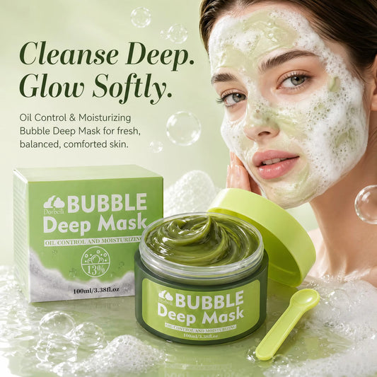 Model wearing foaming green deep cleansing bubble mask