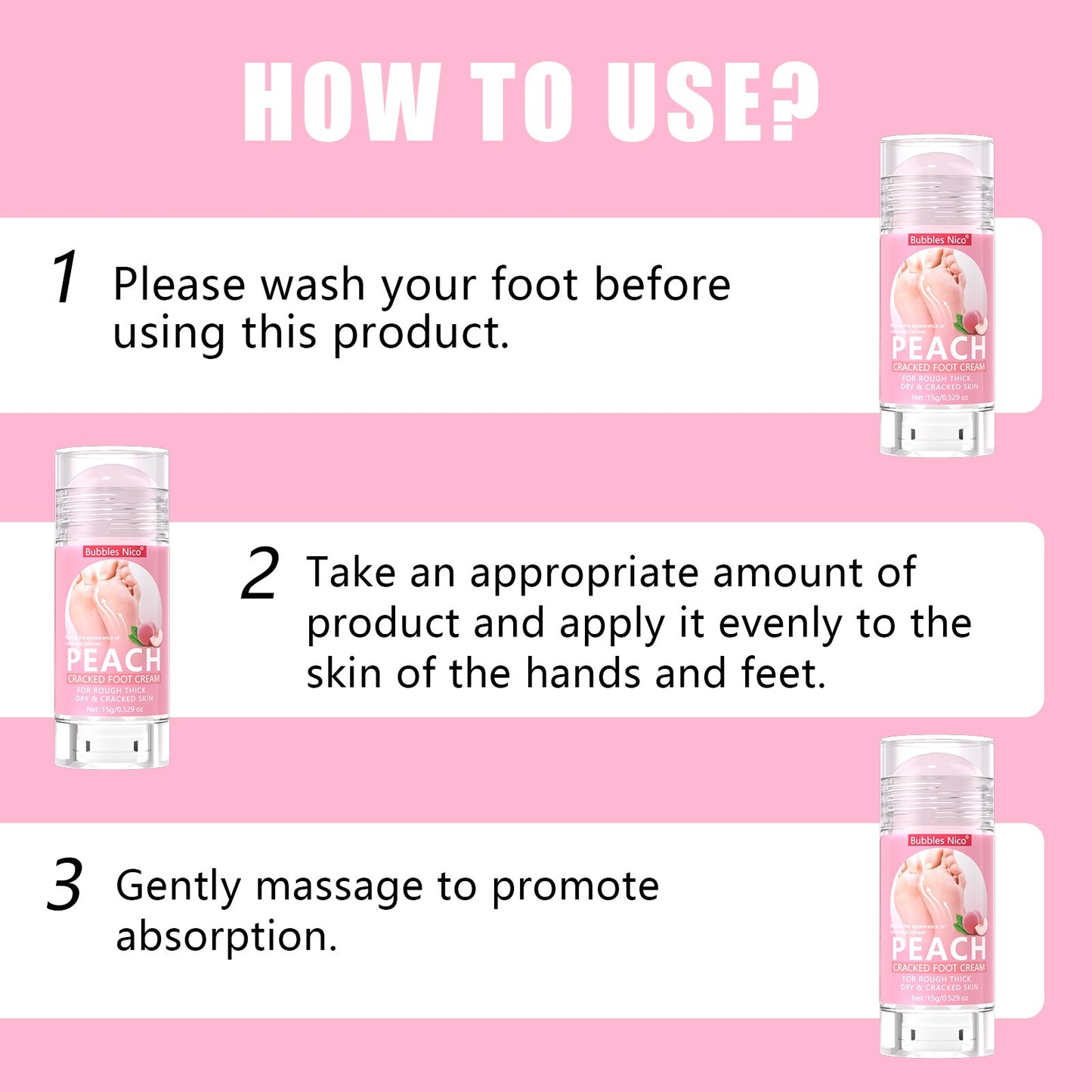 Simple three steps to clean apply and massage the foot repair stick