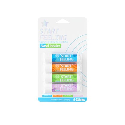 Four different fragrance nasal inhalers sealed in one hanging retail blister package