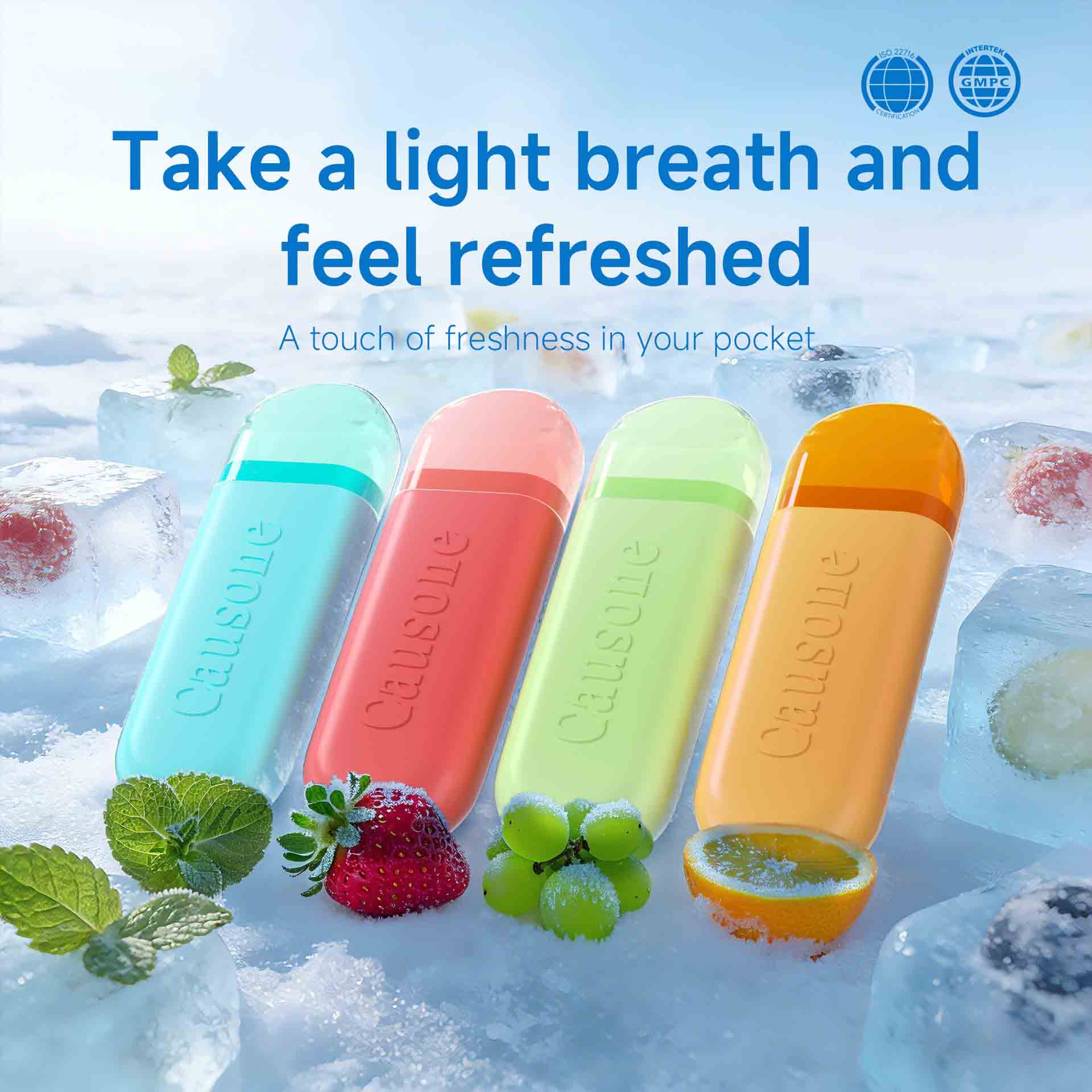 Four differently flavored pocket breath freshener sticks arranged with fresh fruits and ice