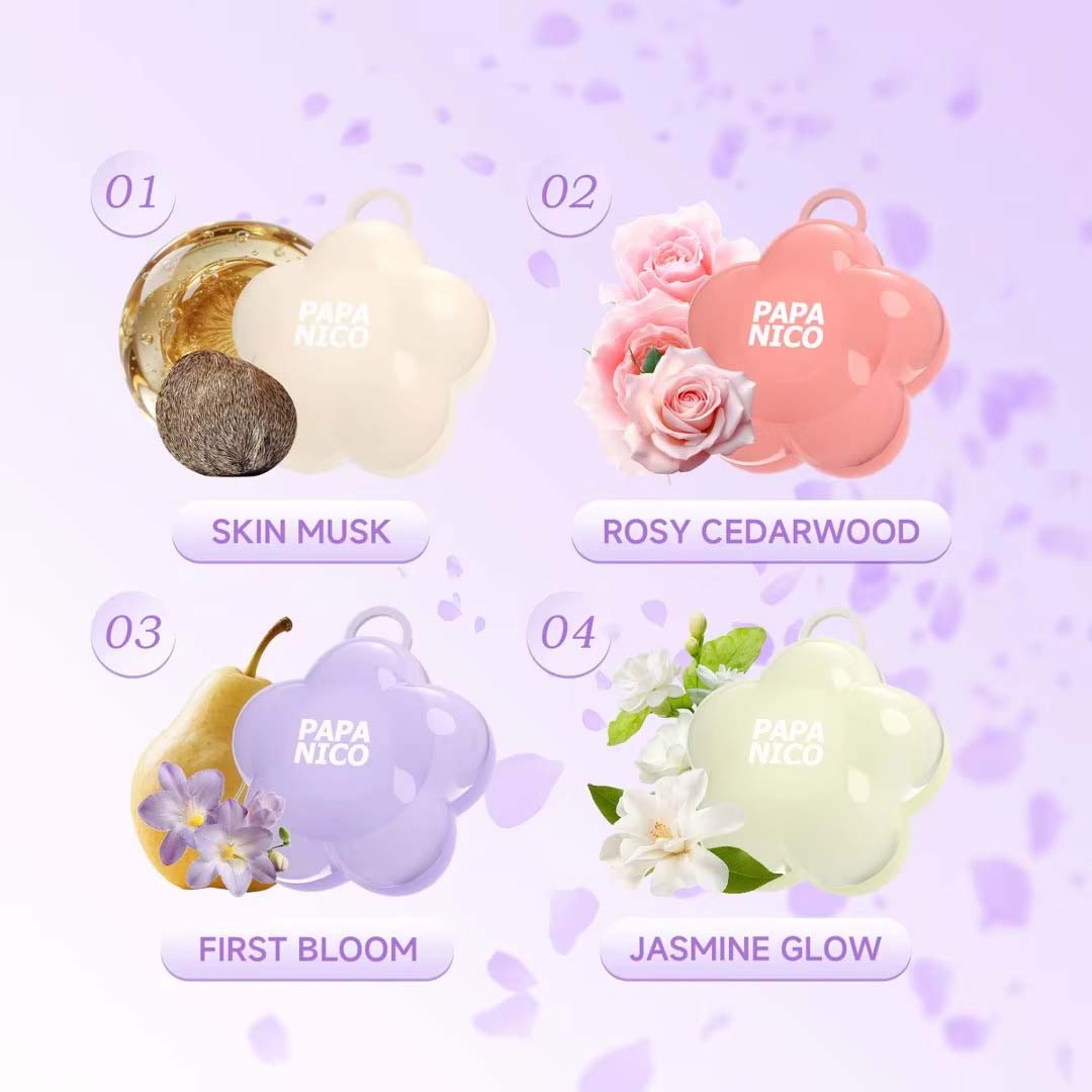 Four different fragrance options of flower shaped solid perfume balm