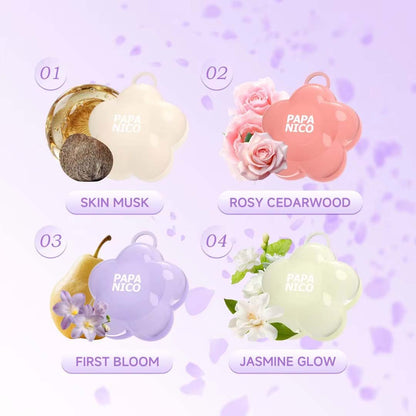 Four different fragrance options of flower shaped solid perfume balm