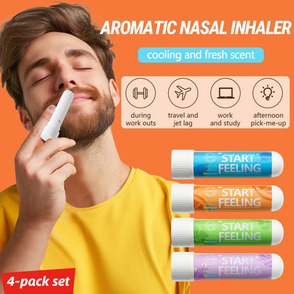 Four assorted fragrance nasal inhaler set shown with real inhalation usage scene