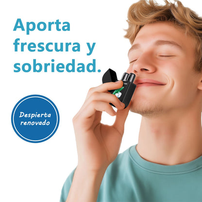 User inhales from portable inhaler to get refreshing and sober feeling