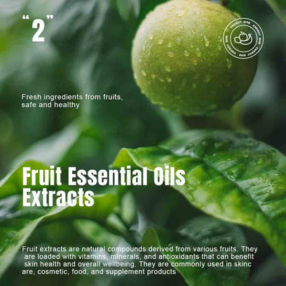 Fresh fruit and green leaves showcasing natural fruit essential oil extract raw materials