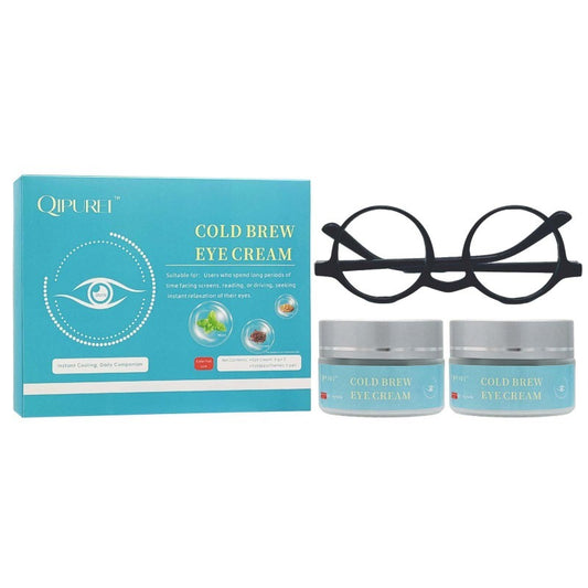 Complete eye care kit outer packaging box eyeglass frame and two eye cream jars isolated on plain white background