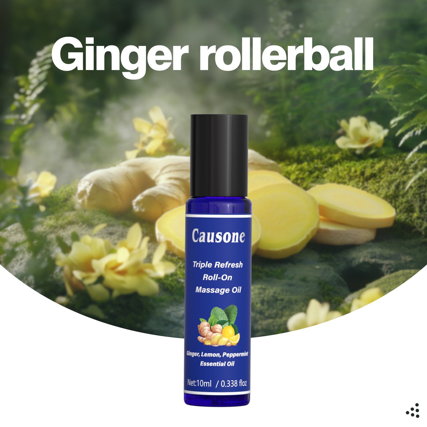 Ginger infused roll-on essential oil showcased with fresh natural ginger ingredients