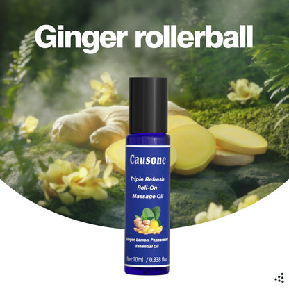Ginger infused roll-on essential oil showcased with fresh natural ginger ingredients