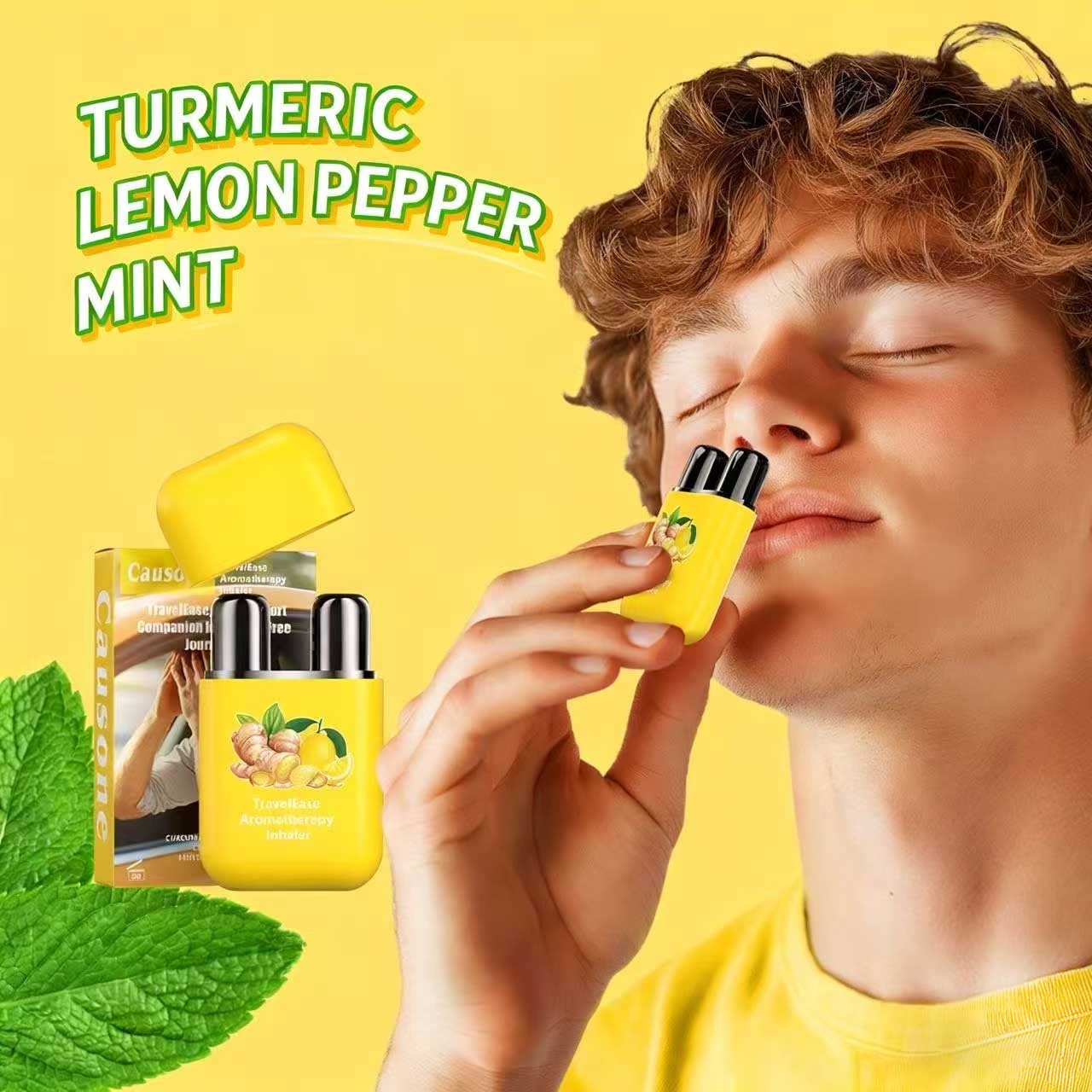 User demonstrates inhalation operation of the motion sickness relief nasal inhaler