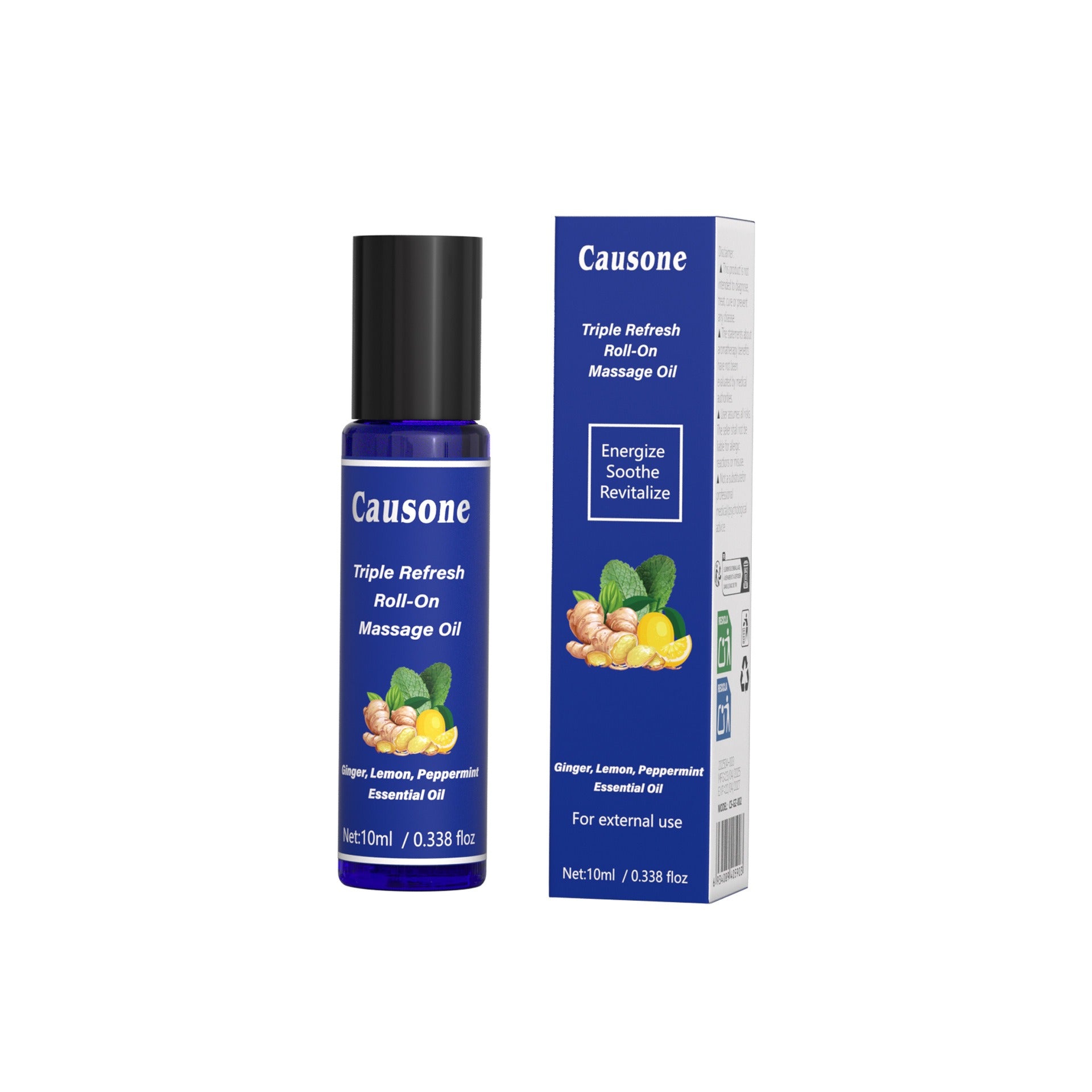 Roll-on massage essential oil bottle and matched outer packaging box displayed side by side