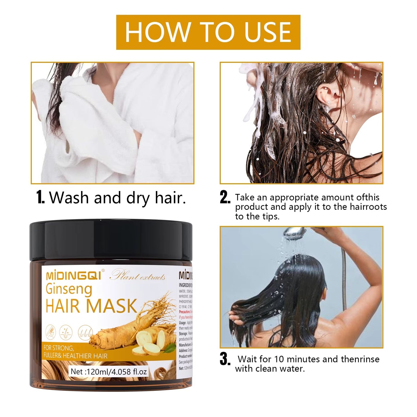 Step-by-step usage instruction chart for deep conditioning ginseng hair mask