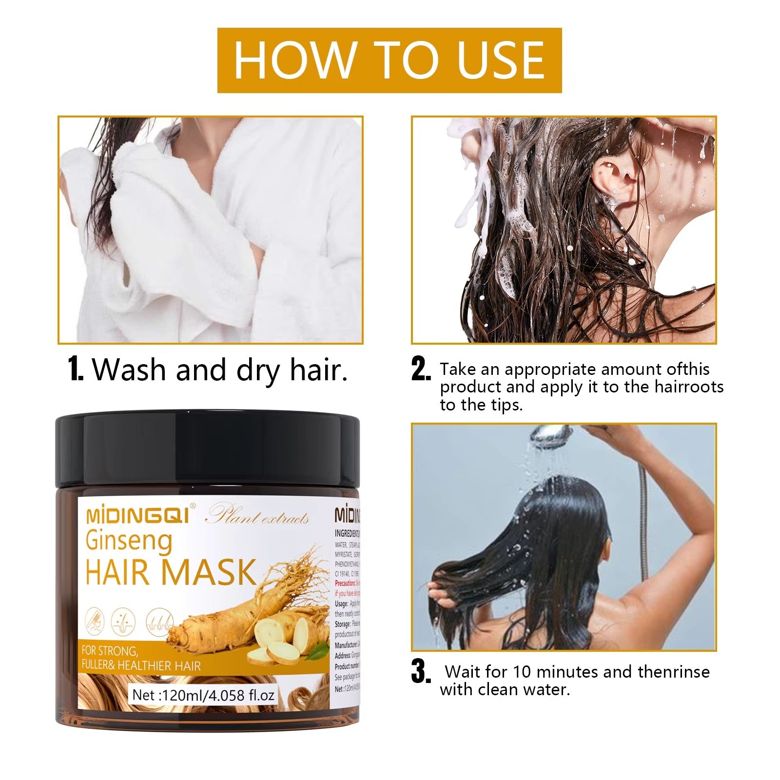 Step-by-step usage instruction chart for deep conditioning ginseng hair mask
