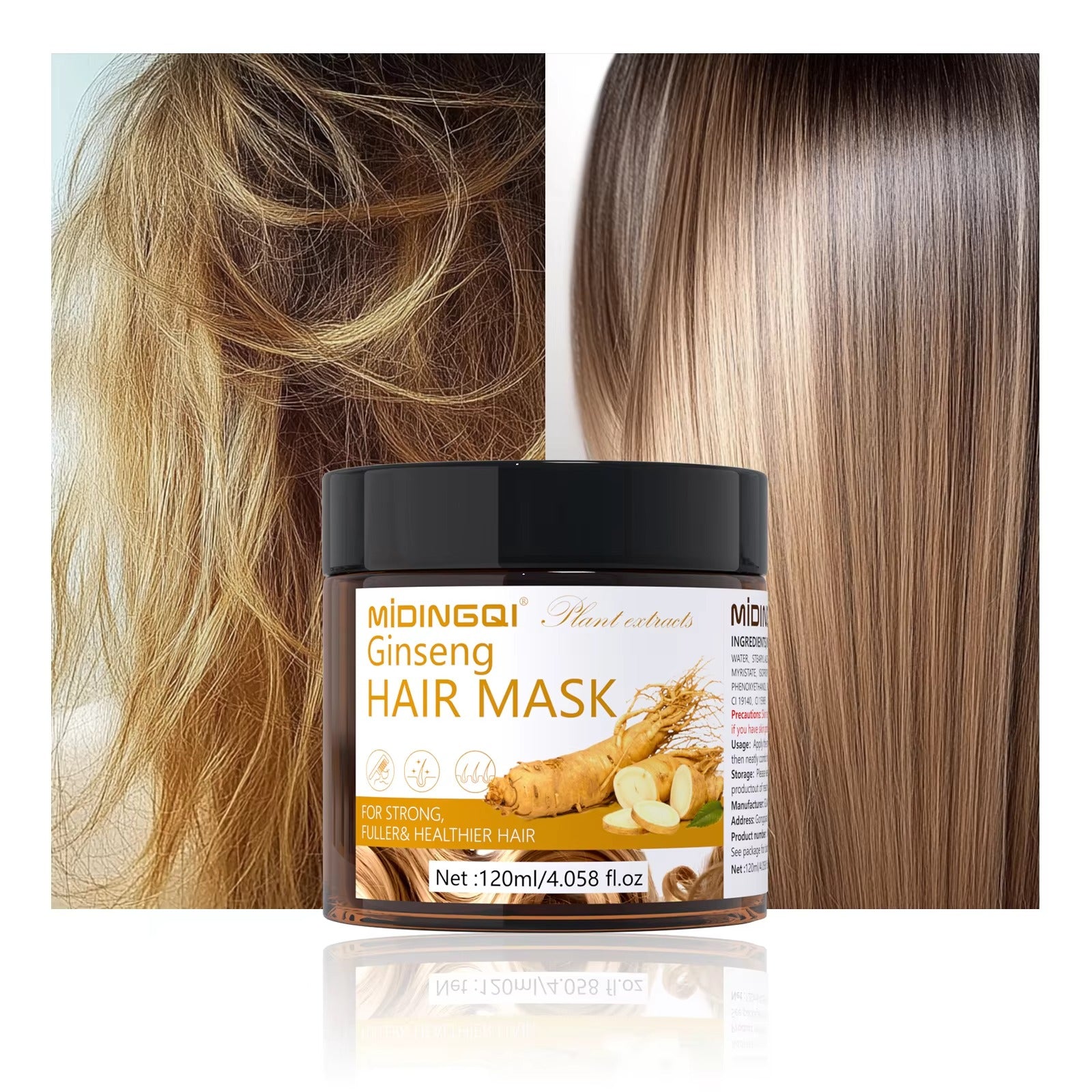 Ginseng hair mask showing frizzy hair before and glossy smooth hair after use