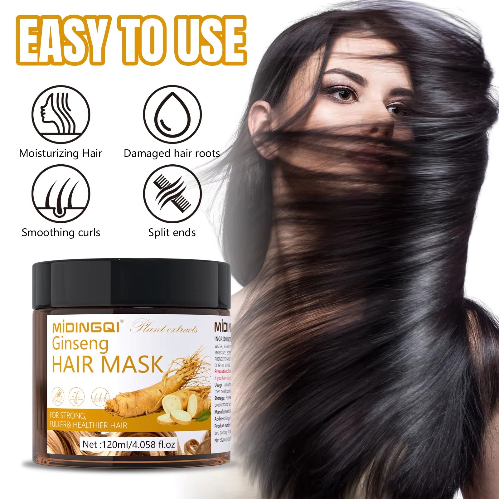 Hair mask benefits graphic for dry damaged hair, split ends and frizzy curls