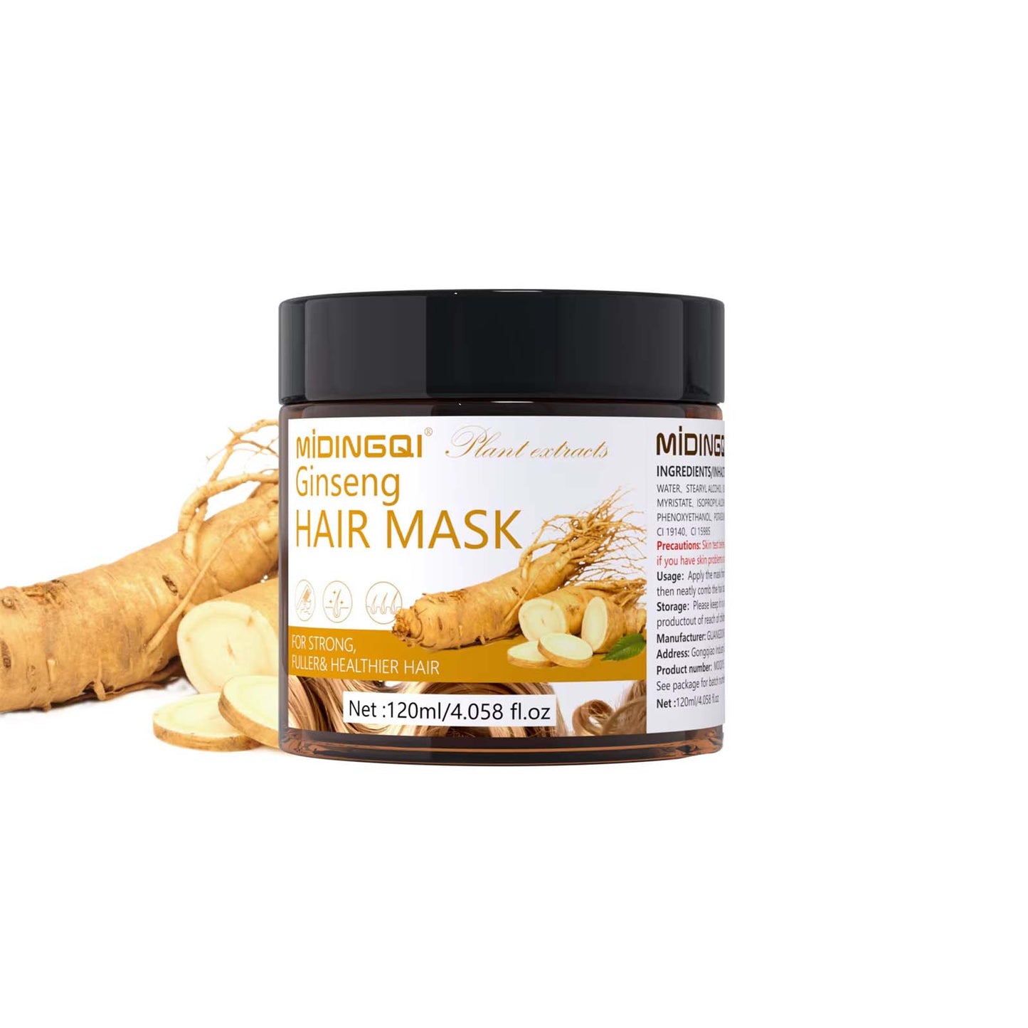 Ginseng deep conditioning hair mask jar with raw ginseng on white background