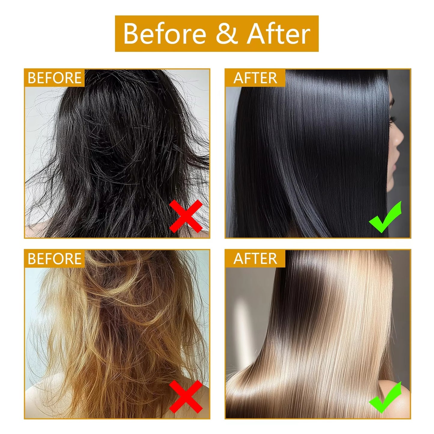 Two sets before-after hair effect of nourishing anti-frizz hair mask