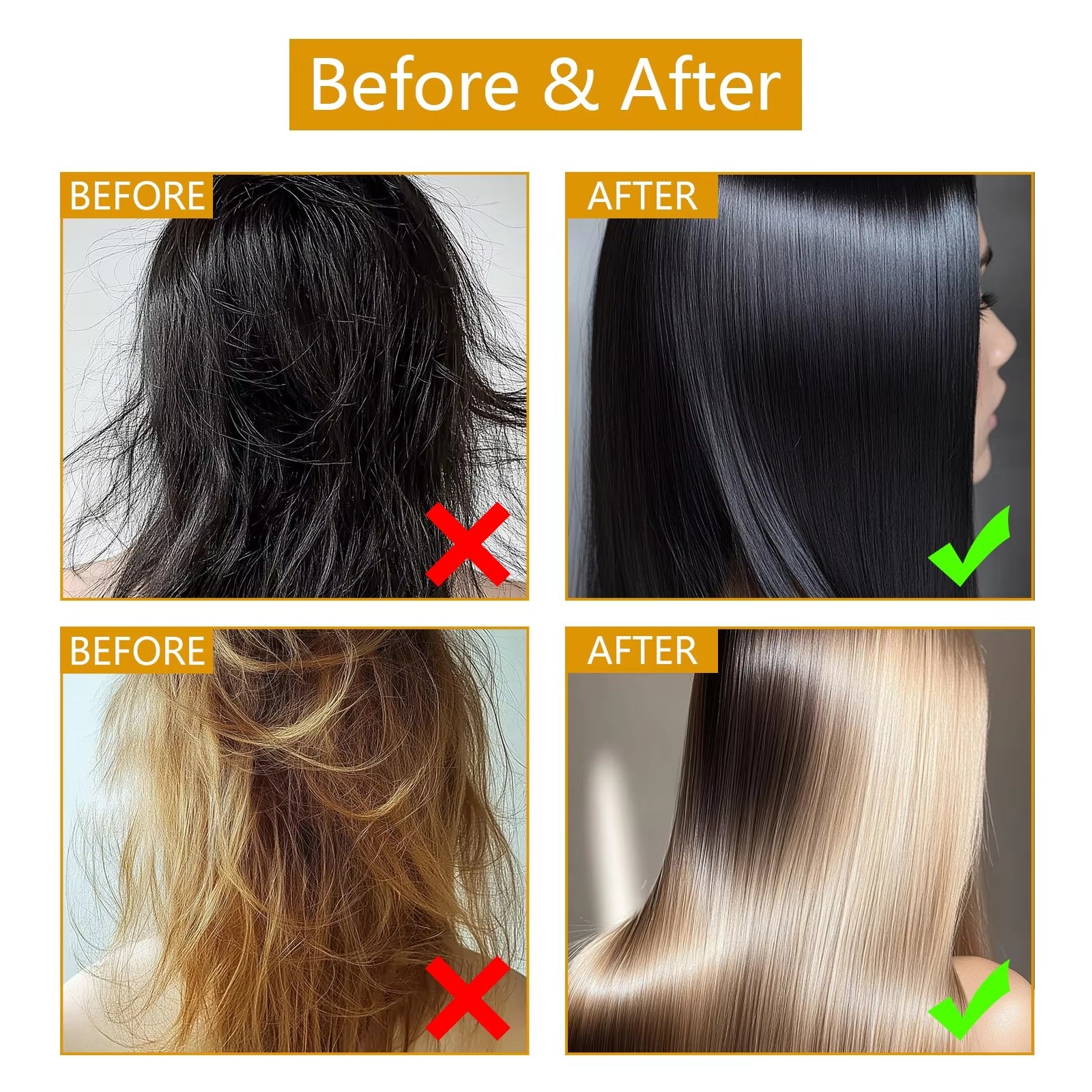 Two sets before-after hair effect of nourishing anti-frizz hair mask