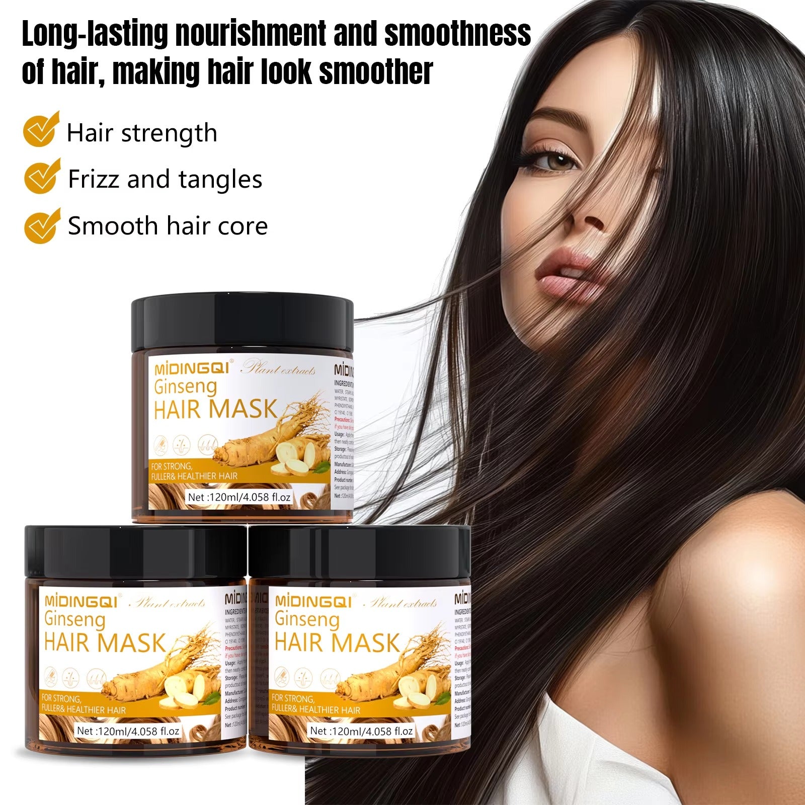 Ginseng smoothing hair mask set with model showing shiny tangle-free hair