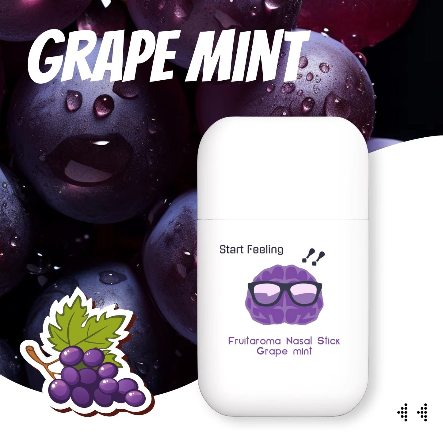 Compact flip nasal stick with grape mint scent surrounded by water covered purple grapes