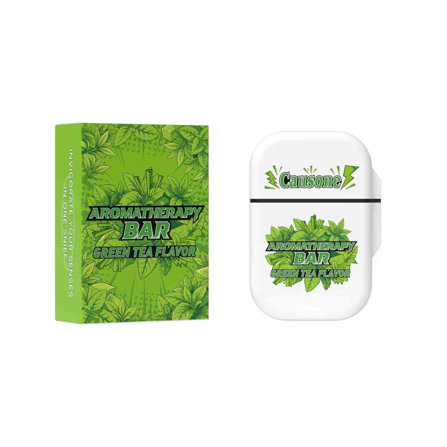 Green tea aroma nasal inhaler storage case and matching outer packaging box on white background