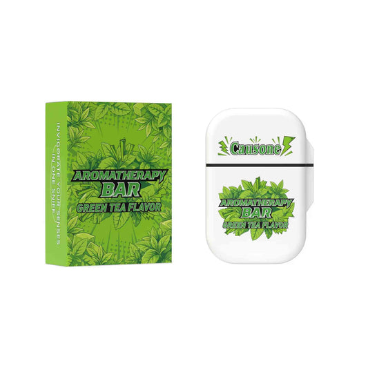 Green tea aroma nasal inhaler storage case and matching outer packaging box on white background