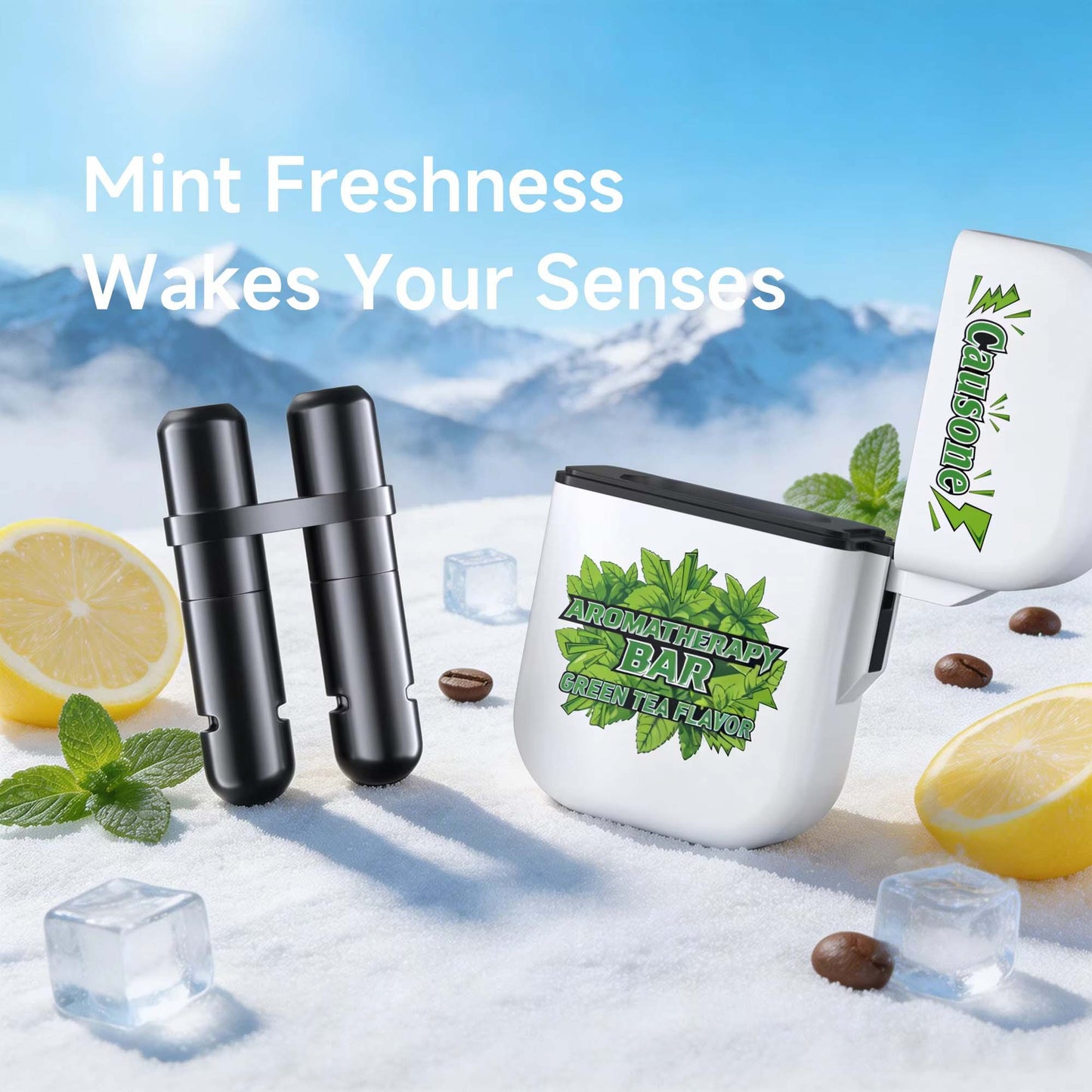 Open dual nasal inhaler stick with green tea aroma placed on snow with lemon and mint