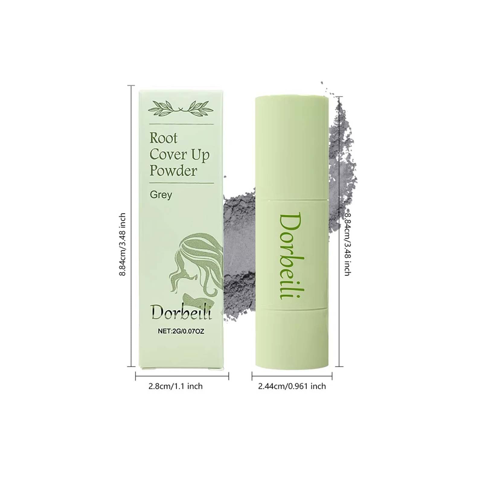 Portable grey root cover powder set dimension display on plain white background