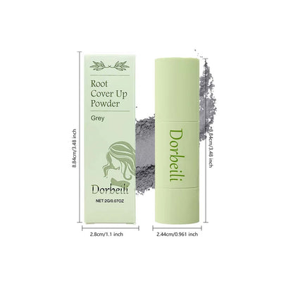 Portable grey root cover powder set dimension display on plain white background