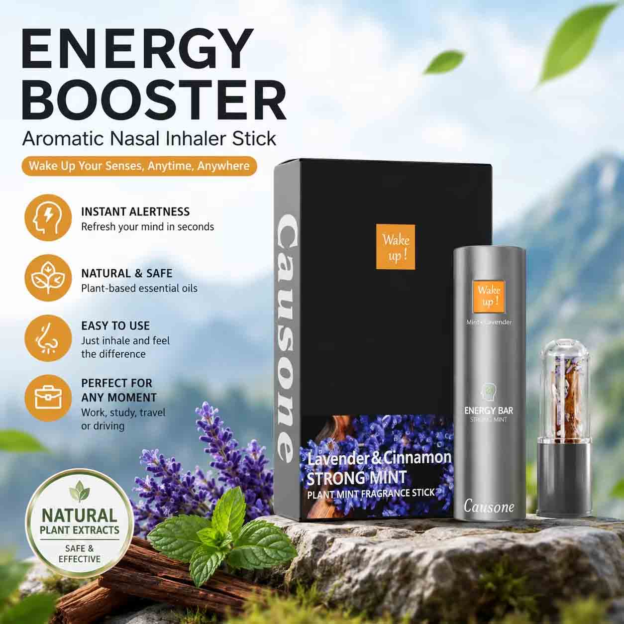 Natural plant essential oil nasal inhaler with multiple core advantages displayed