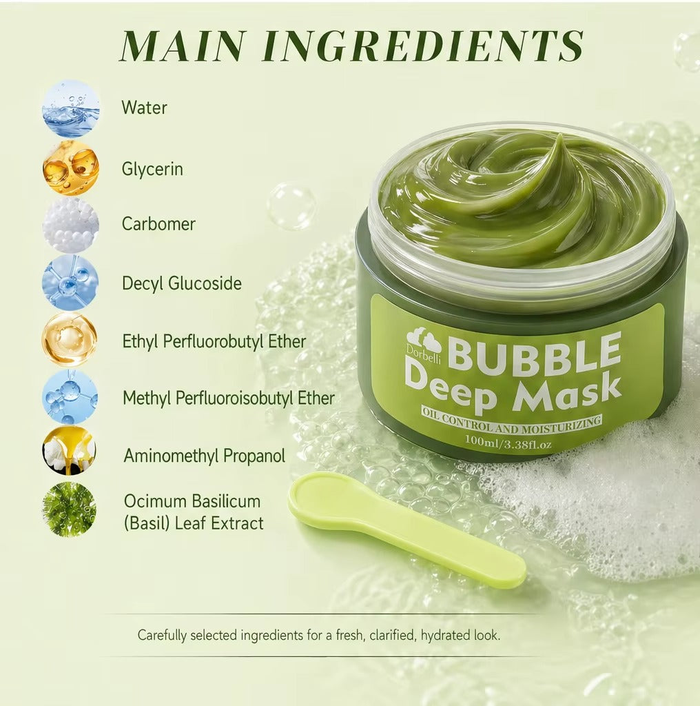Green bubble cleansing mask natural ingredients display chart