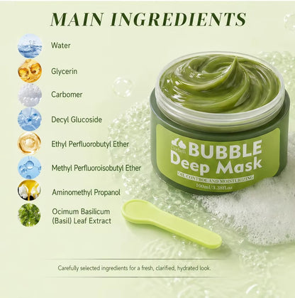 Green bubble cleansing mask natural ingredients display chart