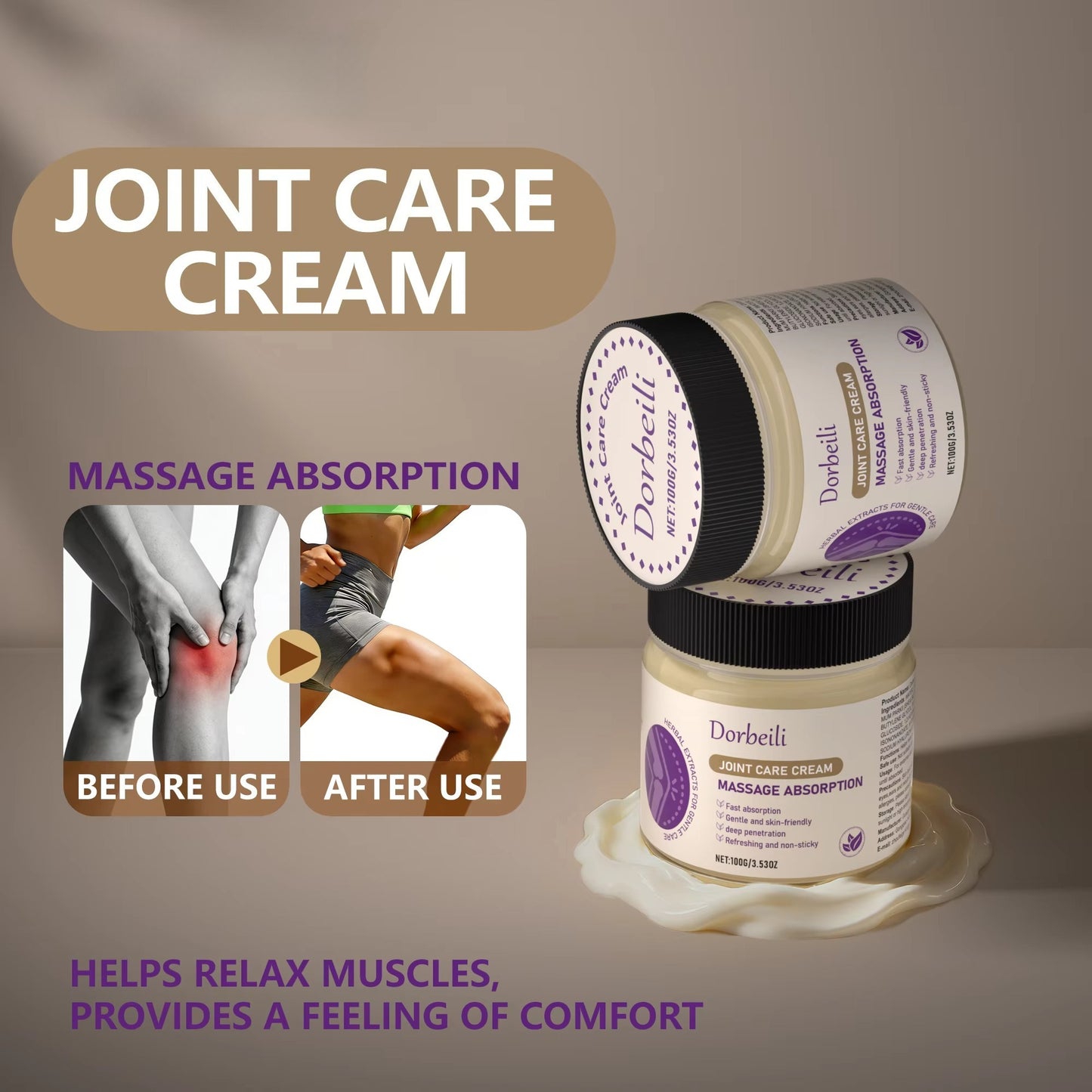 Two jars of joint care cream showing before and after joint comfort comparison effect