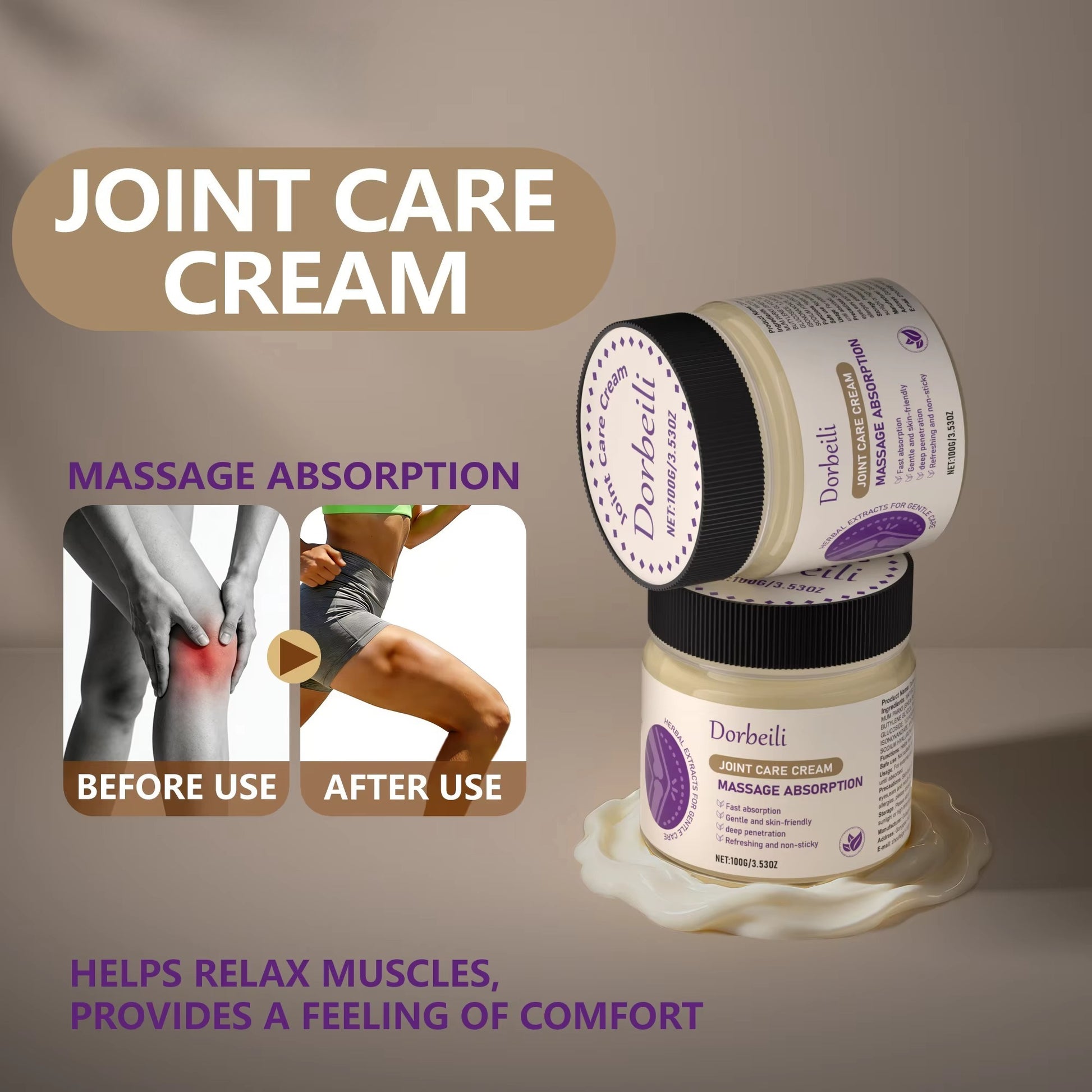 Two jars of joint care cream showing before and after joint comfort comparison effect