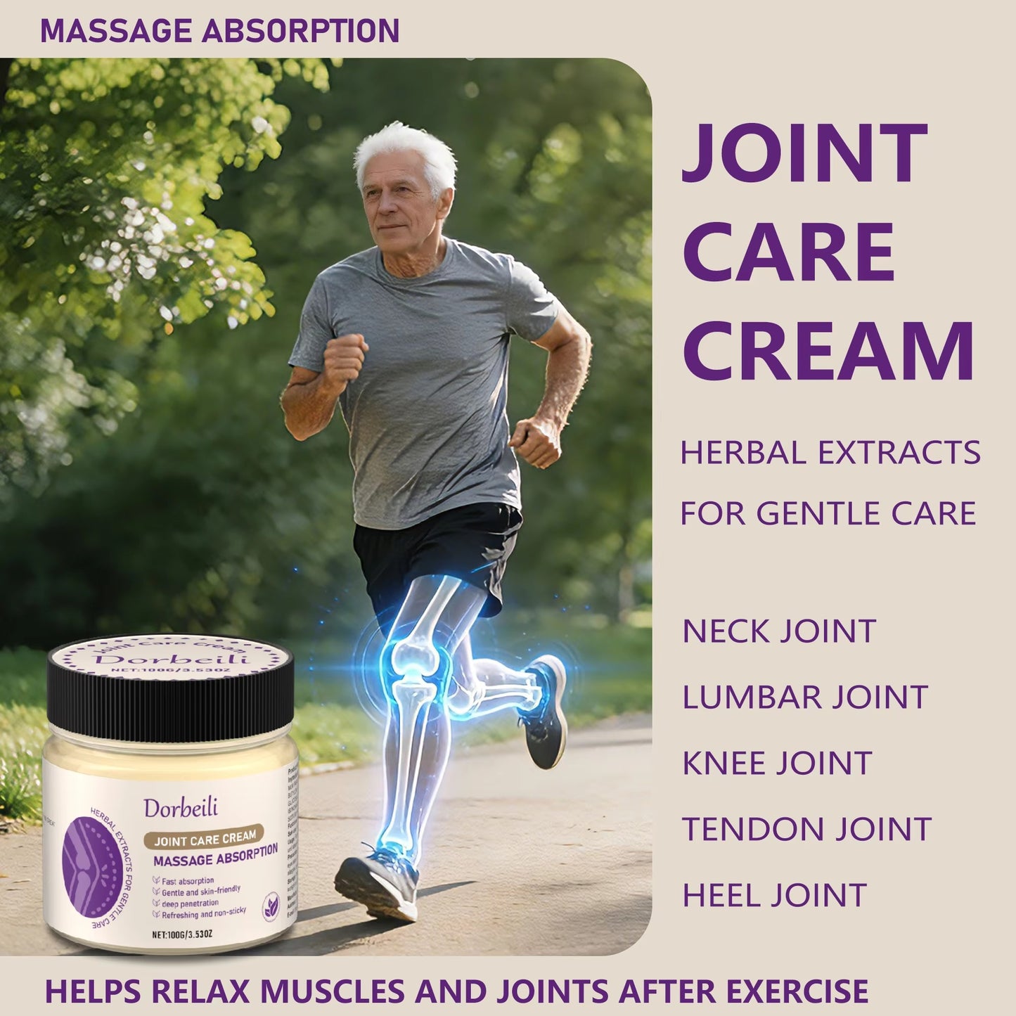 Senior man jogging outdoors with joint care cream for multiple joint areas listed